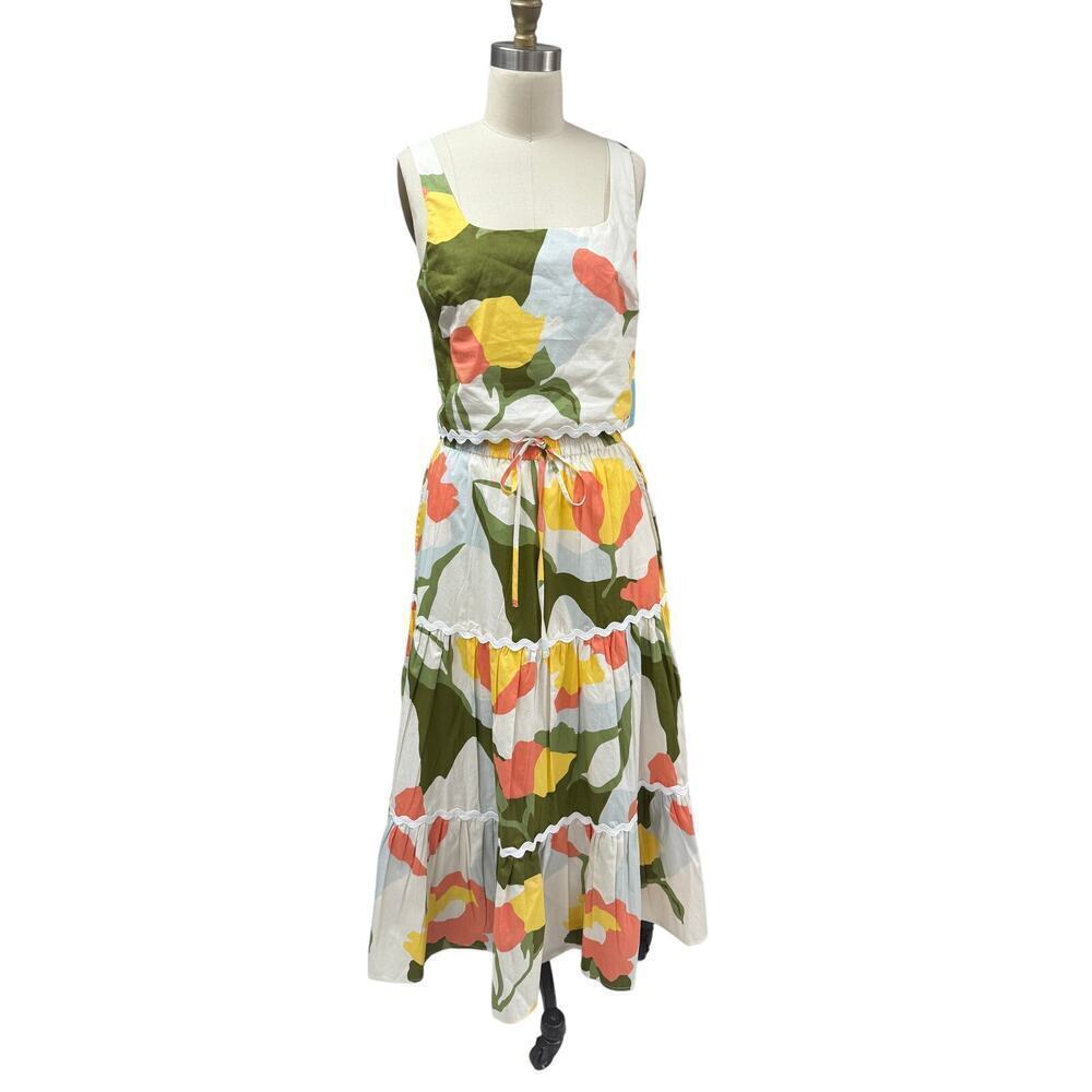 NWT CeCe 2-Piece Cotton Set S Tank Top + Tiered Maxi Skirt Floral Ric-Rac